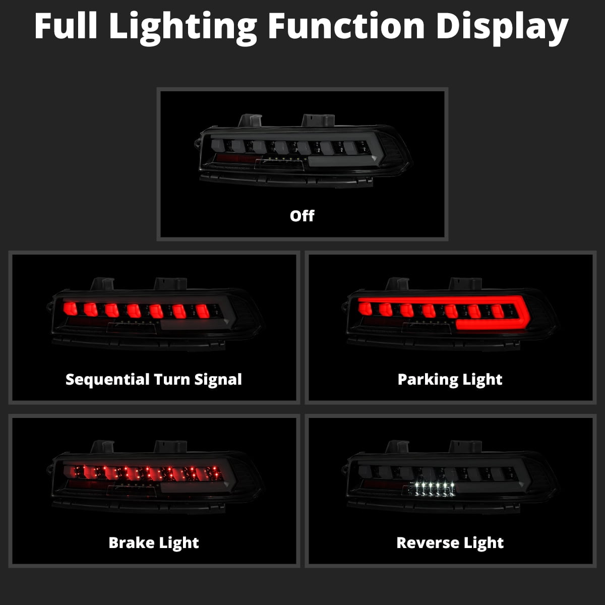 Spec-D Tuning Glossy Black Smoke Full LED Tail Lights w/ Sequential Turn Signals Compatible with 2014-2015 Chevy Camaro, Left + Right Pair Assembly