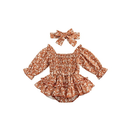 

Amuver Baby Girls Spring Autumn Romper Long Sleeve Off Shoulder Floral Print Tutu Romper with Headband