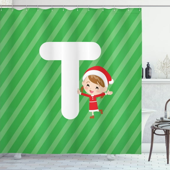 Ambesonne Christmas Alphabet Shower Curtain, Holiday Scene T, 69"Wx75"L, Green Dark Coral White