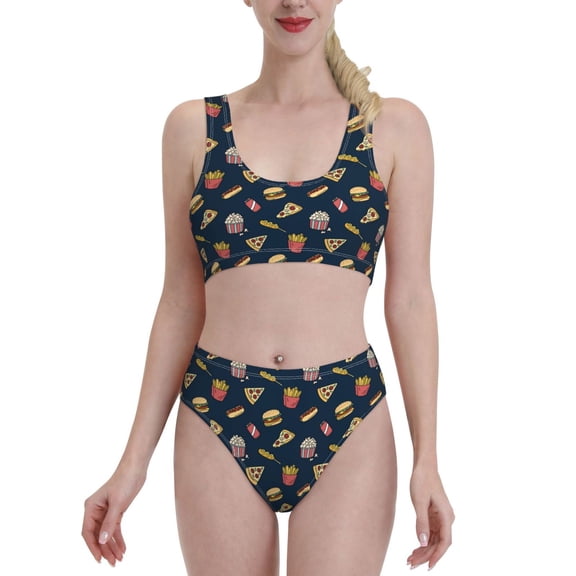 Vsdgher Womens High Waisted Bikini Sets Two Piece Swimsuit Fast Food Print Tummy Control Bathing Suit-X-Large