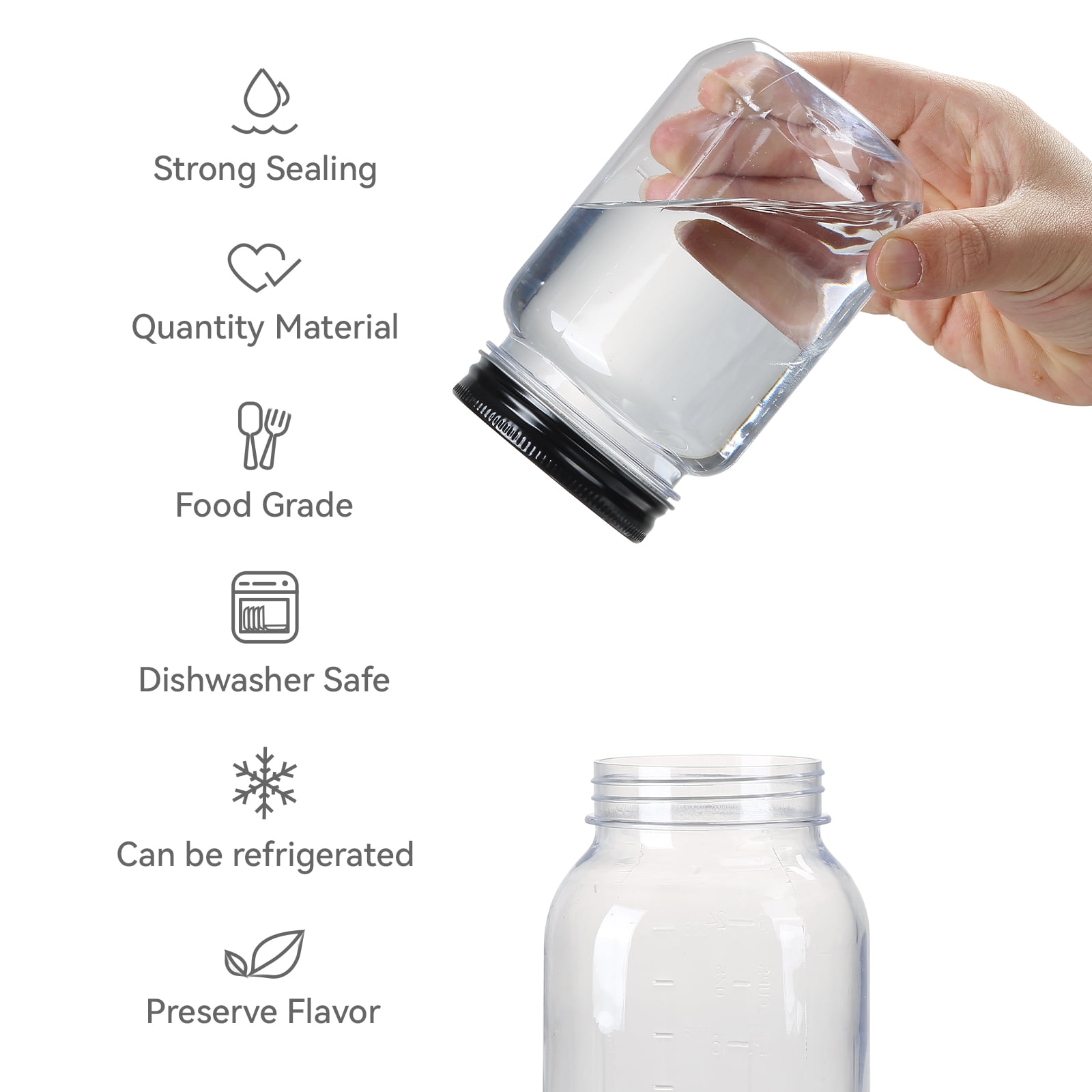 Novelinks 16 Ounce Clear Plastic Jars with Black Lids - Refillable Round Clear &