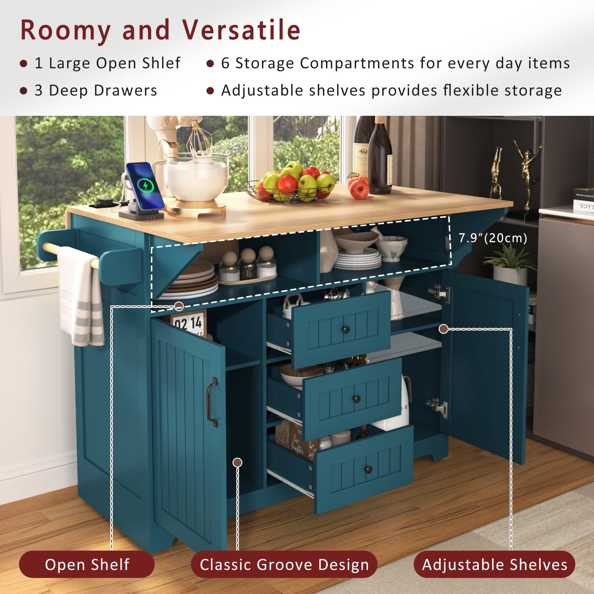 Large Kitchen Island with 2 Drop Leaf for Kitchen and Dining Room, Rolling Kitchen Cart on 5 Wheels with Power Outlet,55.7'' x(17.3”~33.5”)x36.5” Green