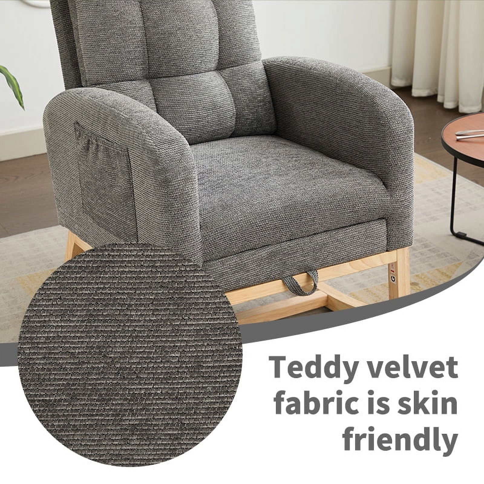 New Nursery Rocking Chair Upholstered Glider Rocker with PP Pillow & Rubber Wood Frame Modern Single Rocking Armchair for Bedroom, Living Room, Balcony, Offices