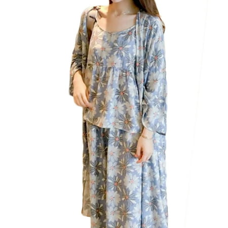 

Chaoren 3Pcs Women Floral Print Long Sleeve Cardigan Vest Pants Sleepwear Pajamas Set