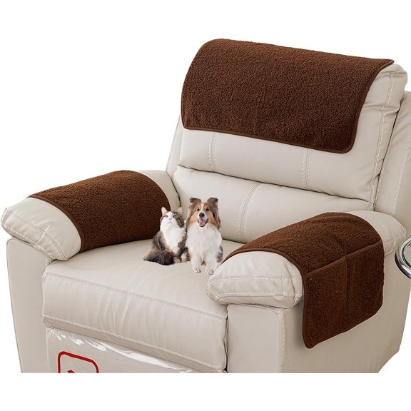 Armrest Covers - Armrest Protector Lamb Velvet Recliner Non-Slip Leather Armchair Protector Cover with Pockets for Tv Armchair Chair, Sofa Removable Washable,Brown-1 seat (3pcs)