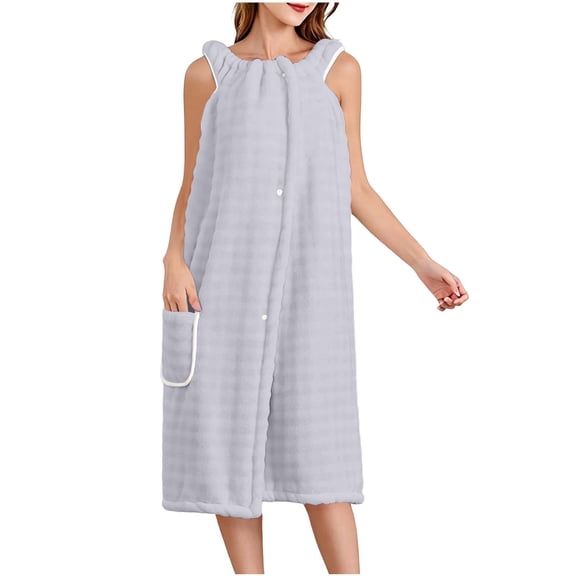 QINGFSAP Womens Wearable Bath Wrap Sleeveless Snap Button Front Absorbent Terry Robe with Pocket