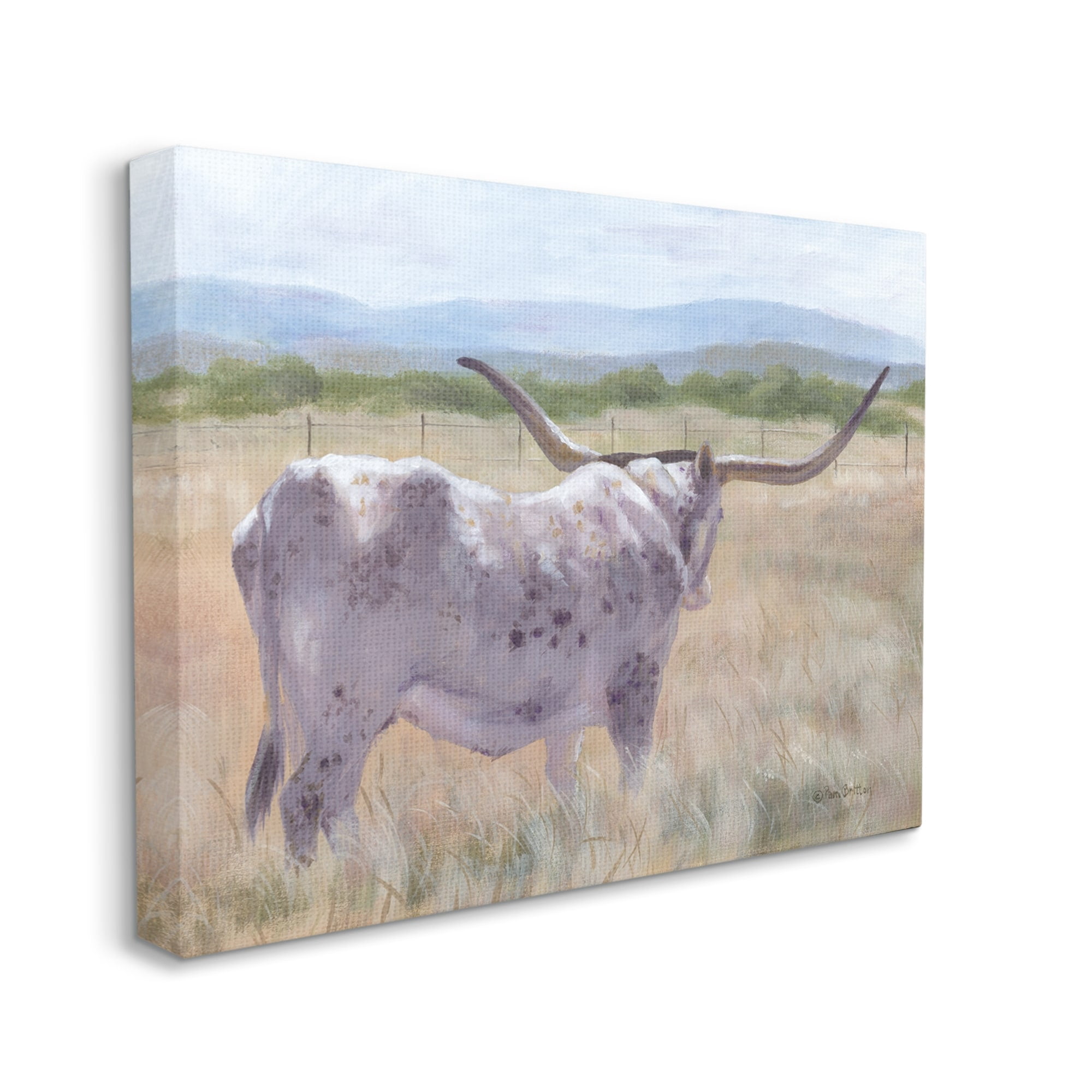 Stupell Longhorn Vast Rural Grassland Farm Animals & Insects Painting Gallery Wrapped Canvas Print Wall Art
