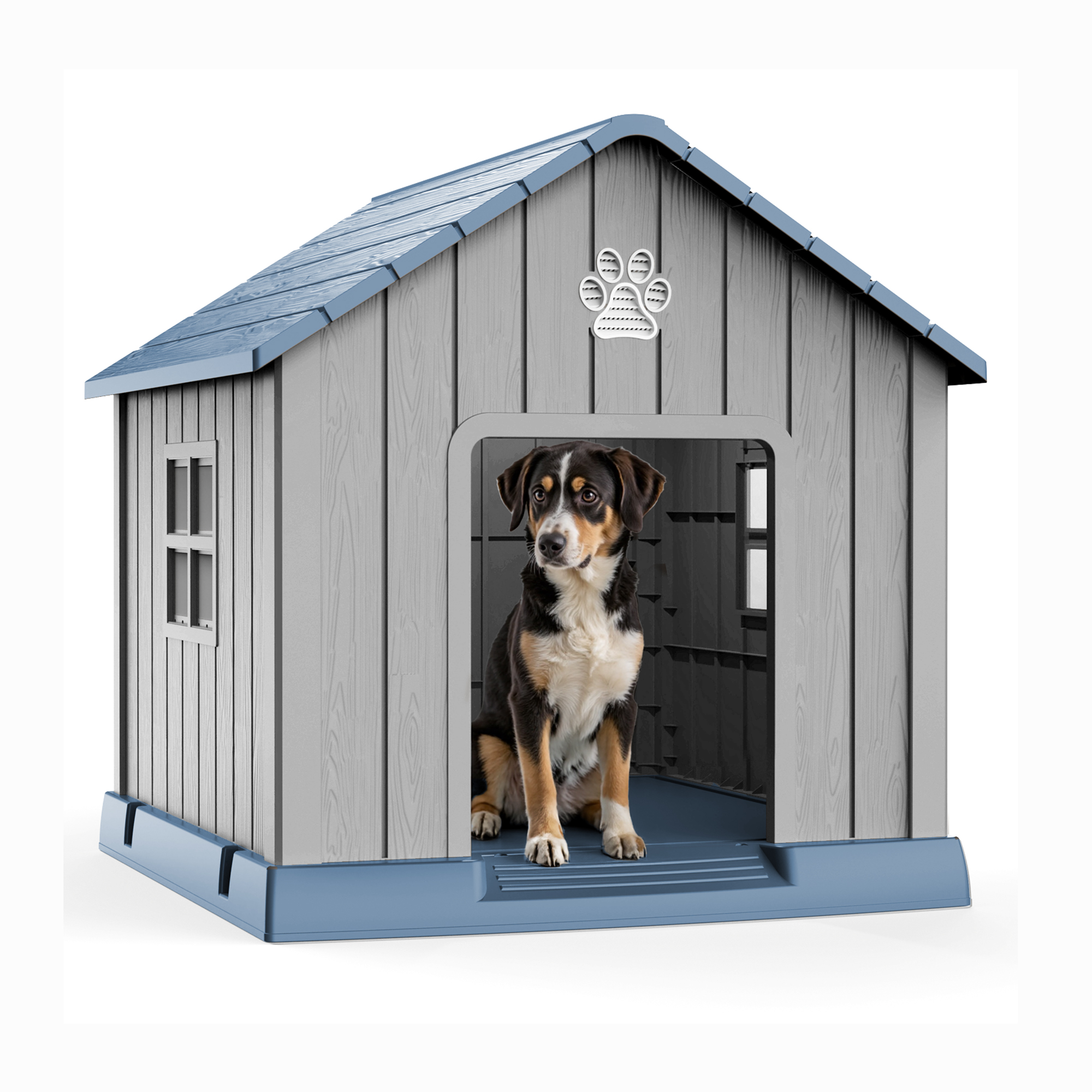 MAYEERTY Outdoor Weatherproof Dog House, Multi-Pet Shelter with Vents for Backyard Patio, Gray & Blue