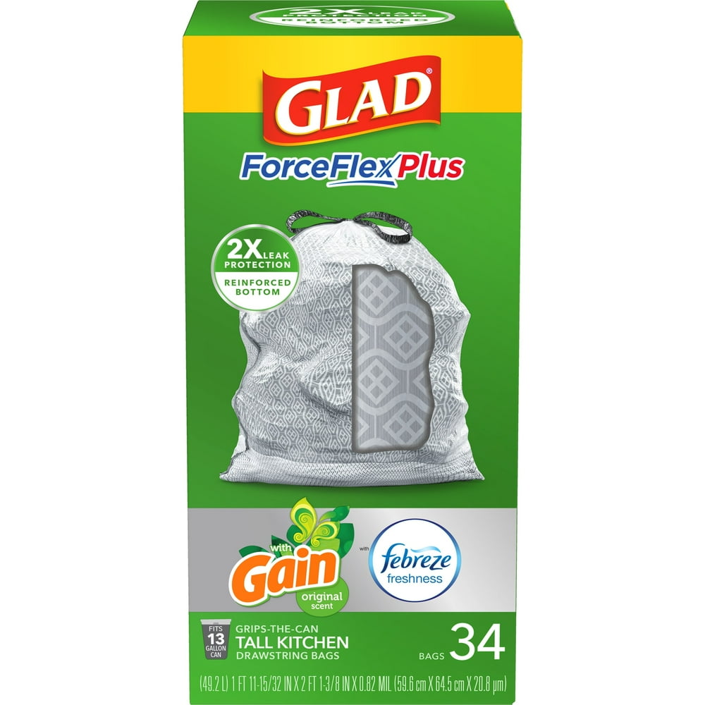 Glad Tall Kitchen Trash Bags, 13 Gallon, 34 Bags (ForceFlexPlus, Gain