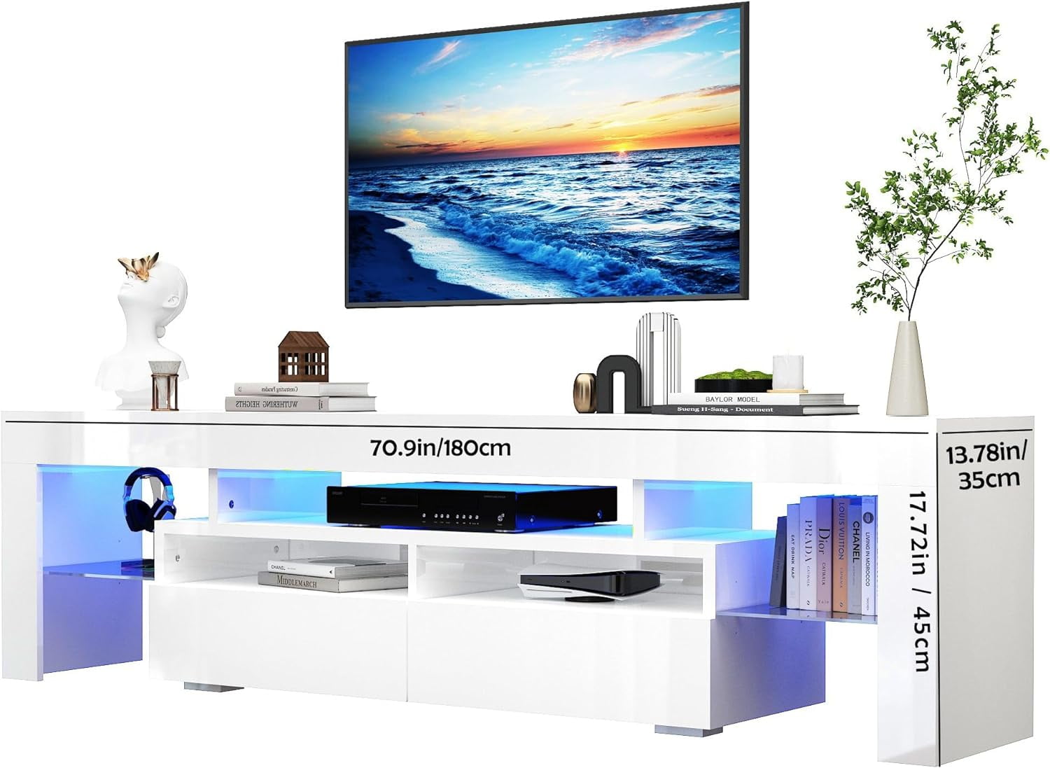 ChVans LED TV Stand for 65/75/85 inch TV, High Glossy Modern Entertainment Center with Drawer and LED Lights(White)