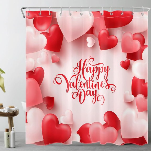 Happy Valentines Day Shower Curtain Pink and Red Love Heart Shower Curtain Set Romantic Shower Curtains for Bathroom Waterproof Washable Fabric with Hooks,72x72 inch