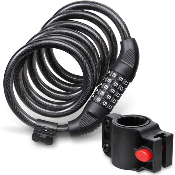 Bike Lock Cable (6 Feet), Heavy Duty 5-Digit Self Coiling Resettable Combination Code, Bicycle Chain Flexible Steel Security Cable Lock with Bike Mount Holder
