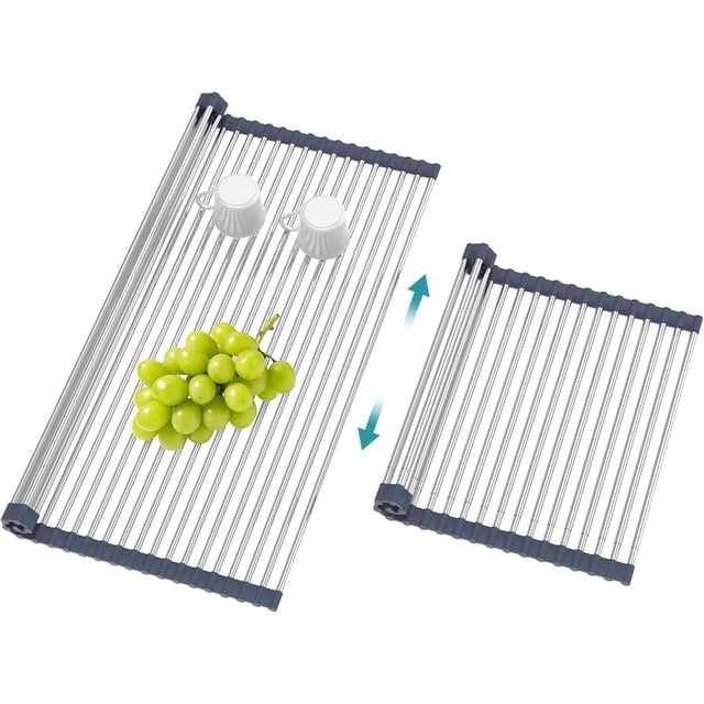 Extra Large Expandable Roll Up Dish Drying Rack Over The Sink Drying Rack Sink Cover Kitchen Sink Accessories Kitchen Rolling up Stainless Steel Drainer Foldable Rollable(,.&