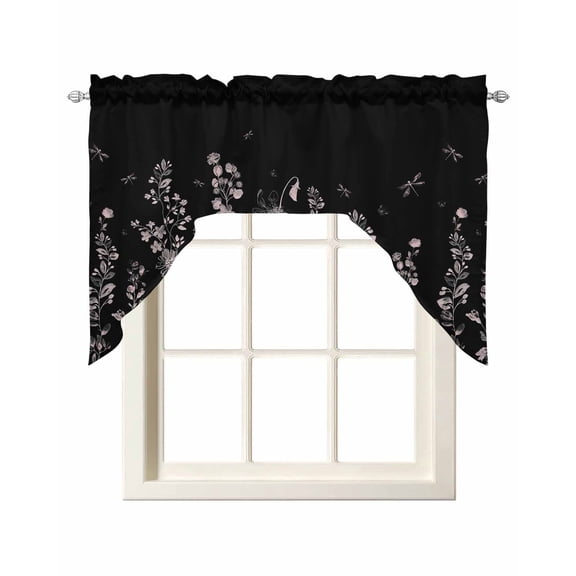 Black Floral Swag Valances for Windows, Small Curtains Drapes, Elegant Pastoral Flowers Farmhouse Kitchen Window Curtains Over Sink Rod Pocket Window Treatment Valance for Bedroom/Bathroom 56"x36"