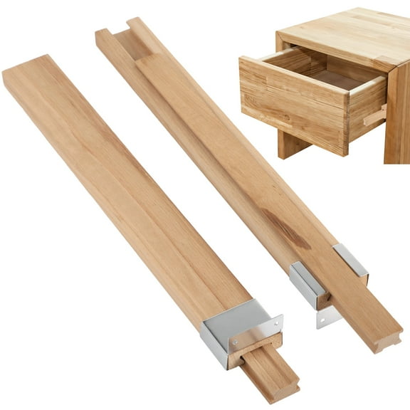 2 Pcs Wood Drawer Slides, Kitchen Drawer Replacement Glides, Wooden Center Guide Track with Metal Slide Glides, Wooden Furniture Drawer Rails, Traditional Wood Drawer Glide Bracket, 15.7" Long