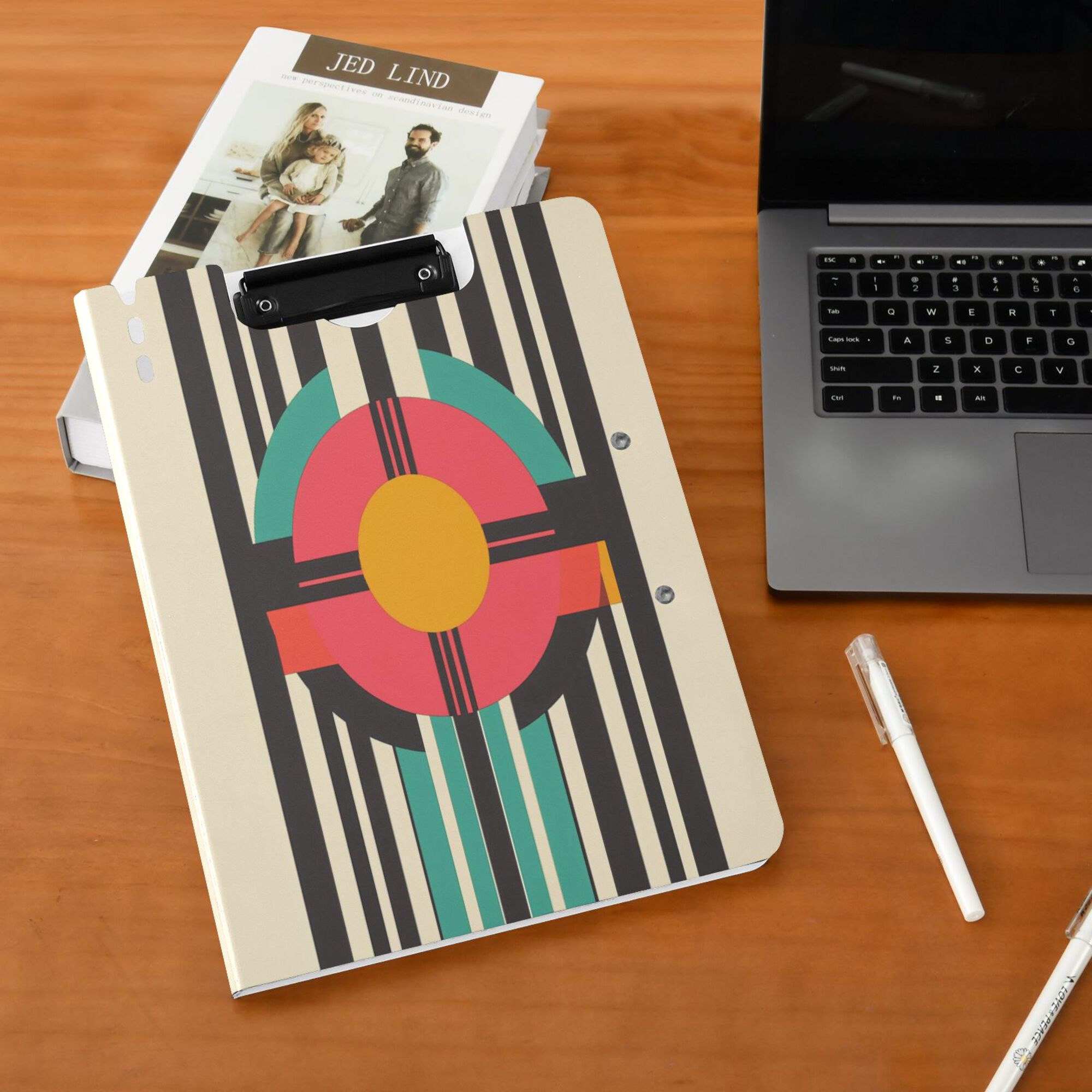 FORMRS A4 Clipboard Folder with Pen Holder Horizontal Foldable School Office Binder, Geometric Circle