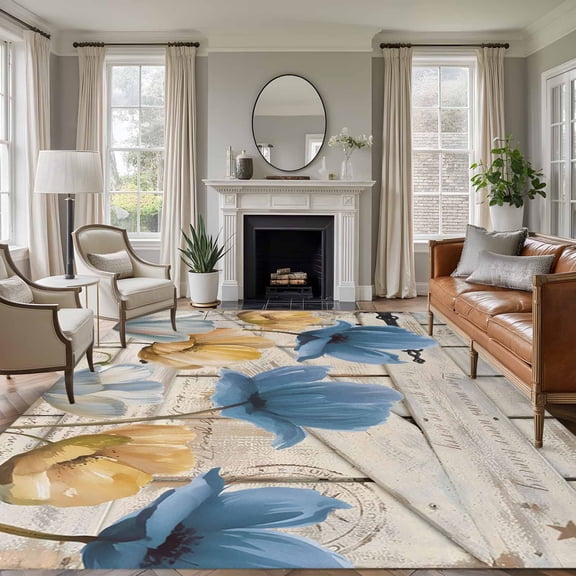 Blue Yellow Tulips Area Rugs 5'x7', Small Throw Rugs for Laundry Room Playroom, Retro Farmhouse Flower Barn Doors Wooden Indoor Outdoor Rug Non-Slip Low Pile Carpet Runner Reversible Floor Mats