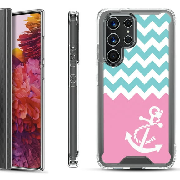 Shockproof Bumper Phone Case for Samsung Galaxy S22 Ultra 5G, by OneToughShield ® - Chevron/Anchor