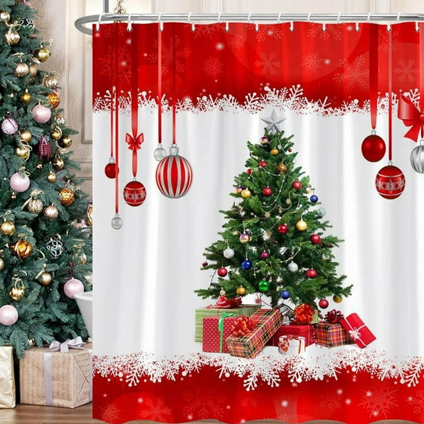 Waterproof Polyester Shower Curtain with Christmas Ball Candy Cane Branch Design, Holiday Bathroom Decor for Hotels and Home Use, Extra Long Fabric Liner with Reinforced Hanging Holes