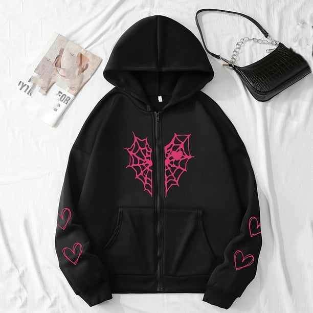 Ailaofu Womens Spider Web Graphic Zip Up Hoodie Oversized Goth Harajuku Jacket Y2k Grunge Aesthetic Streetwear Sweatshirt