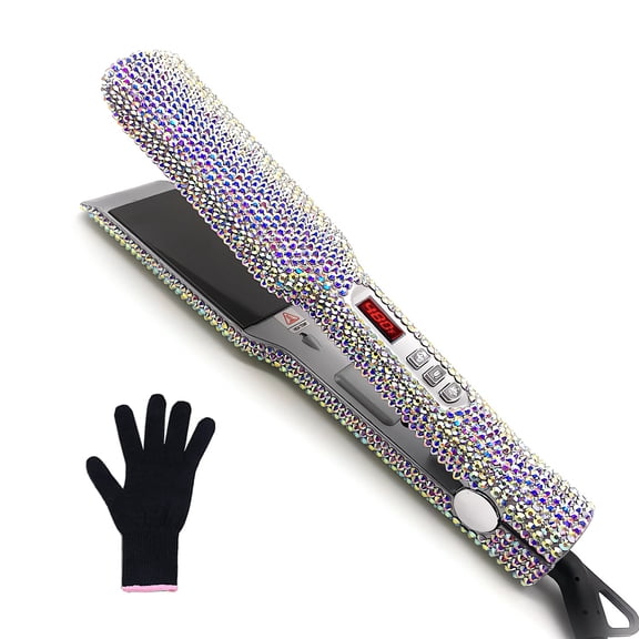 CMYS Professional Hair Straightener, AB Silver Rhinestone, 2 inch Titanium Plates, High Heat 480°F for Salon Styling