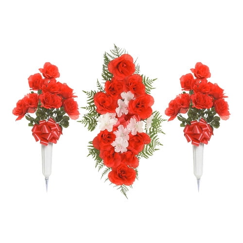 26" Rose Headstone Spray and 24" Rose Arrangement In White Vase