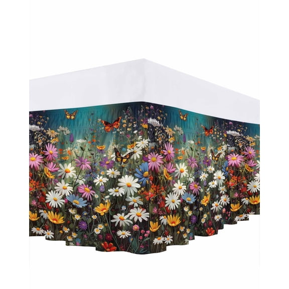 Floral Bed Skirt Queen Size 18" Drop Vintage Colorful Daisy Butterfly Nature Ruffled Wrap Around Bed Skirts Adjustable Elastic Bedskirt Dust Ruffle for Queen Size Bed