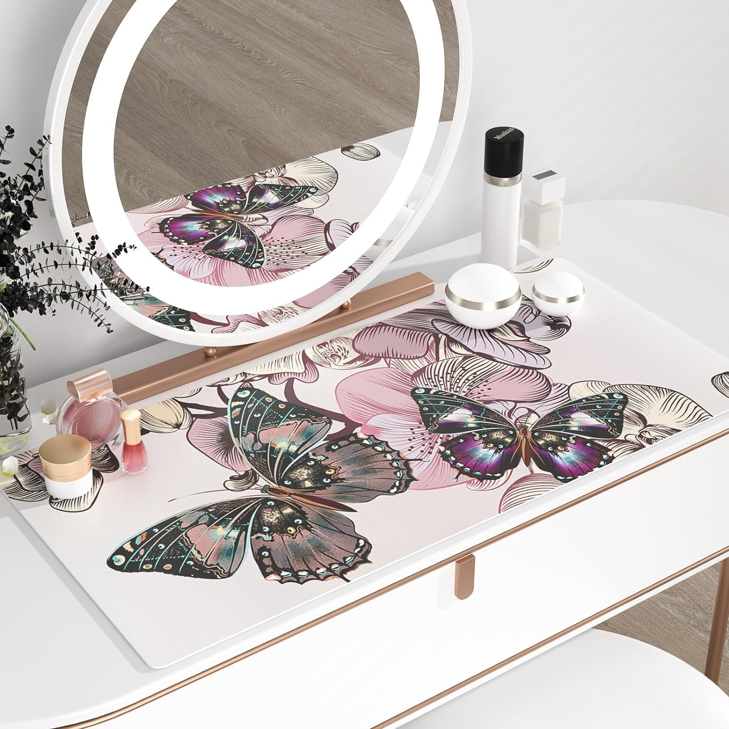 armdgodx Non Slip Waterproof PU Leather Large Desk Pad, 31.5x 15.7, Butterflies & Orchids