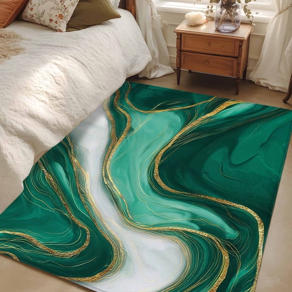 Area Rug for Living Room, Teal Marble Non-Slip Indoor Large Carpet for Bedroom/Dining Room, Modern Ombre Gold White Abstract Fluid Art Washable Low-Profile Floor Mat Runner Rugs - 2.7 x 5 Ft