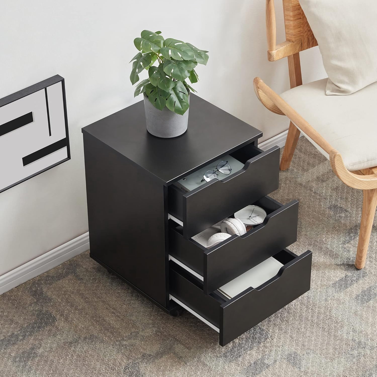 3-Drawer Black Vertical Filing Cabinet Rolling Wood Mobile File Cabinets Under Desk for Home Office with Casters (Black, Fully Assembled)