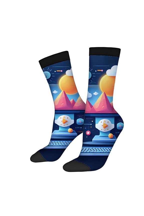 Four Seasons Universal Socks (2 Pairs) - Vibrant Mixed Color Design with Computer Keyboard & Mountain Screen Unisex Trendy Socks for Tech Lovers