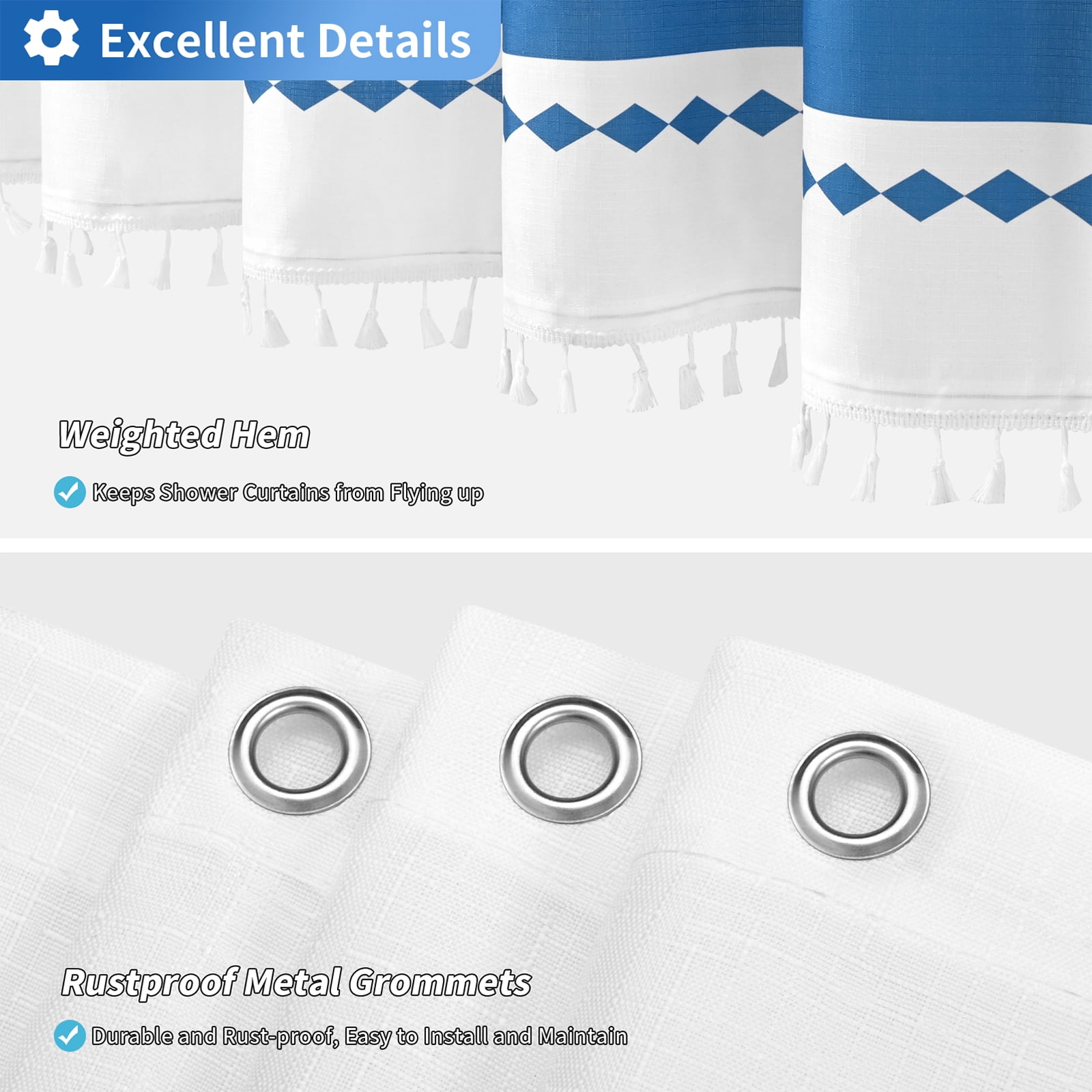 FRAMICS Tassel Shower Curtain Sets with Bath Rug, Boho Striped Farmhouse Bathroom Sets with Hooks, Heavy-Duty Fabric, Water-Repellent and Washable, 72" x 72", Blue
