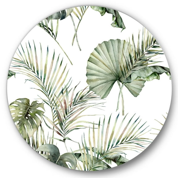 Designart 'Monstera and Coconut Leaves With Tropical Pattern' Traditional Circle Metal Wall Art 36x36 - Disc of 36