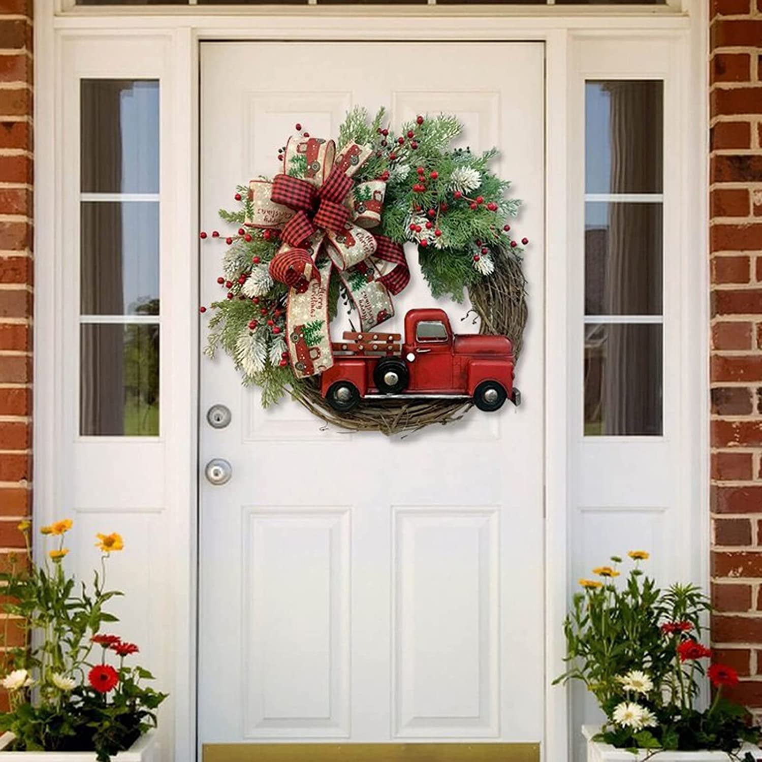 Red Truck Christmas Wreath, Vintage Farmhouse Red Truck Wreath with