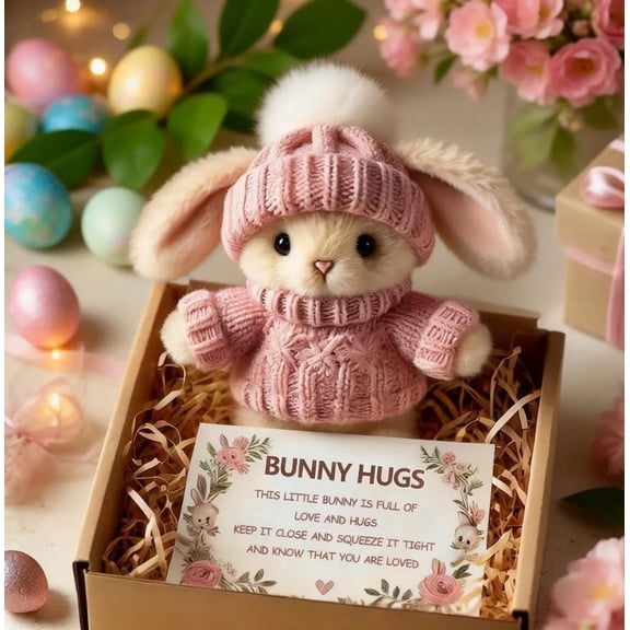 DJKDJL 3 Inches Easter Bunny Hugs in Box, Mini Cute Bunnies, Handmade Plush Pocket Hug Rabbit Doll, Emotional Support Positive Crochet Bunny, Suitable for Valentine's Day, Easter, Birthdays (Pink)