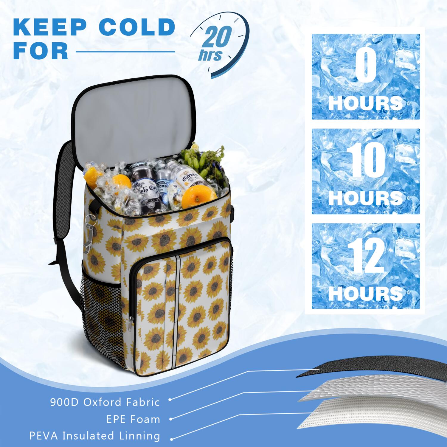 Travel Cooler Bag - White Sunflower Camping Beer Cooler Backpack with Bottle Opener- Waterproof Insulated Picnic Backpacks - Cooler Bag for Beach