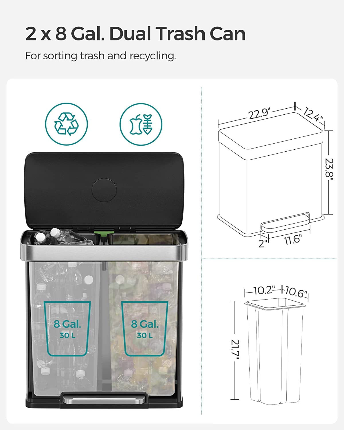SONGMICS 16 Gallon Dual Compartment Trash Can with Lid