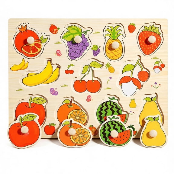Wooden Fruit Peg Puzzle Board, Stocking Stuffers Montessori Educational Sensory Toy, Preschool Fine Motor Early Learning Toy, Christmas Birthday Gift for Toddler Boys Girls Ages 2 and Up