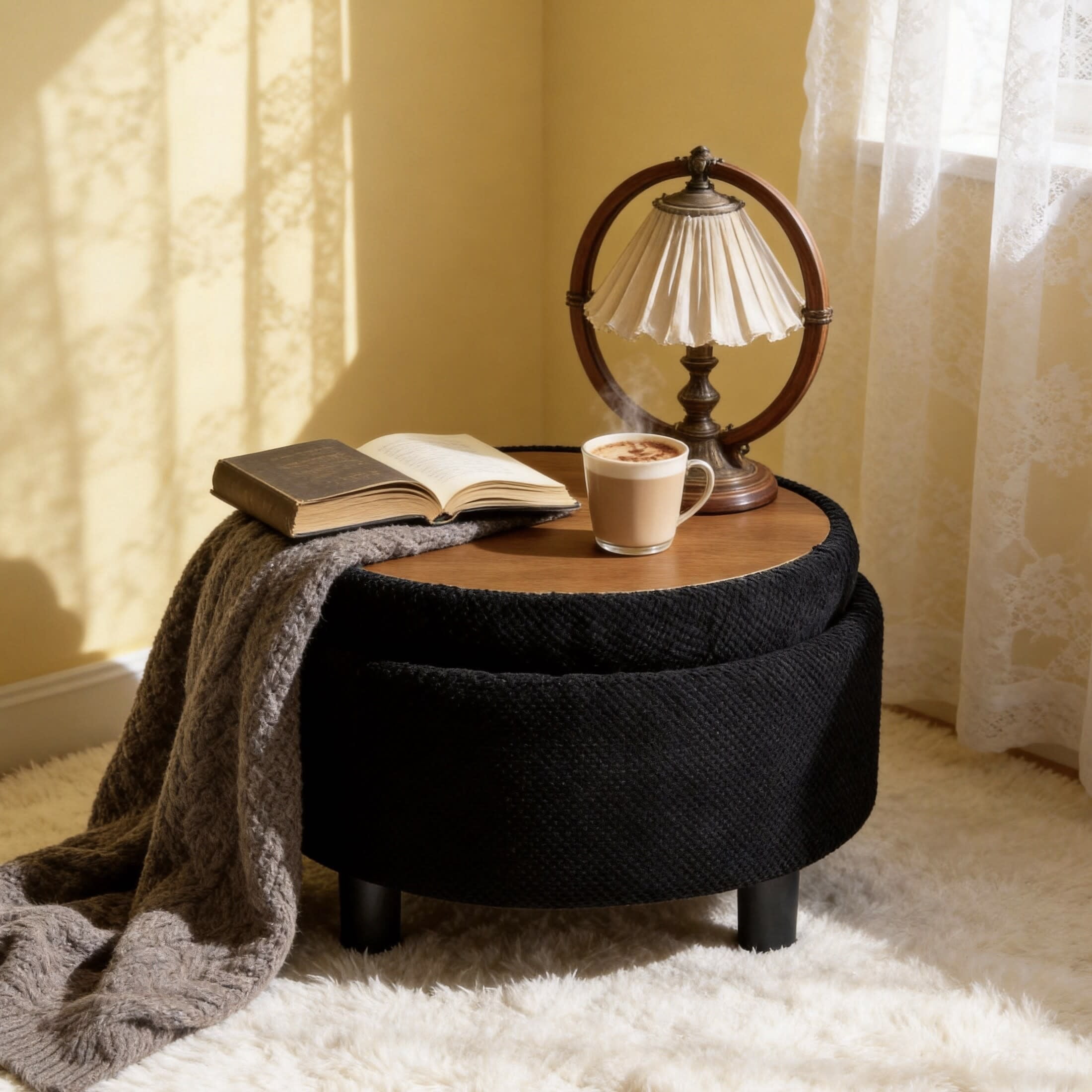 Noble House 25" Round Storage Ottoman with Removable Tray Top, Upholstered Coffee Table, Black