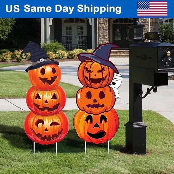 GameXcel Halloween Decorations Outdoor Yard Signs with Stakes, 34.8 in Tall Vertical Pumpkin and Ghost Decor, Weather-Resistant, 2 Count