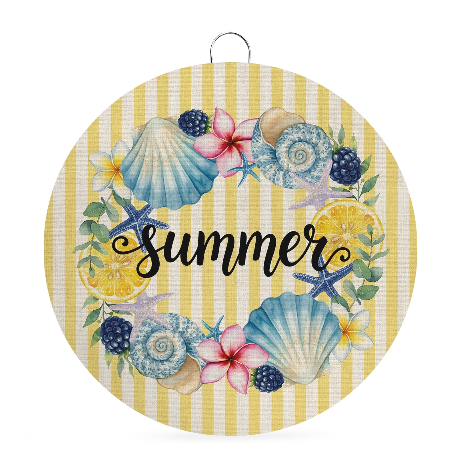Welcome Sign Front Door Decorations Flowers Coastal Round Wall Art Outdoor Metal Wreaths Spring Floral Nautical Yellow Striped Farmhouse Seasonal Hanging Sign for Home Porch Decor Warming Gift 6 In