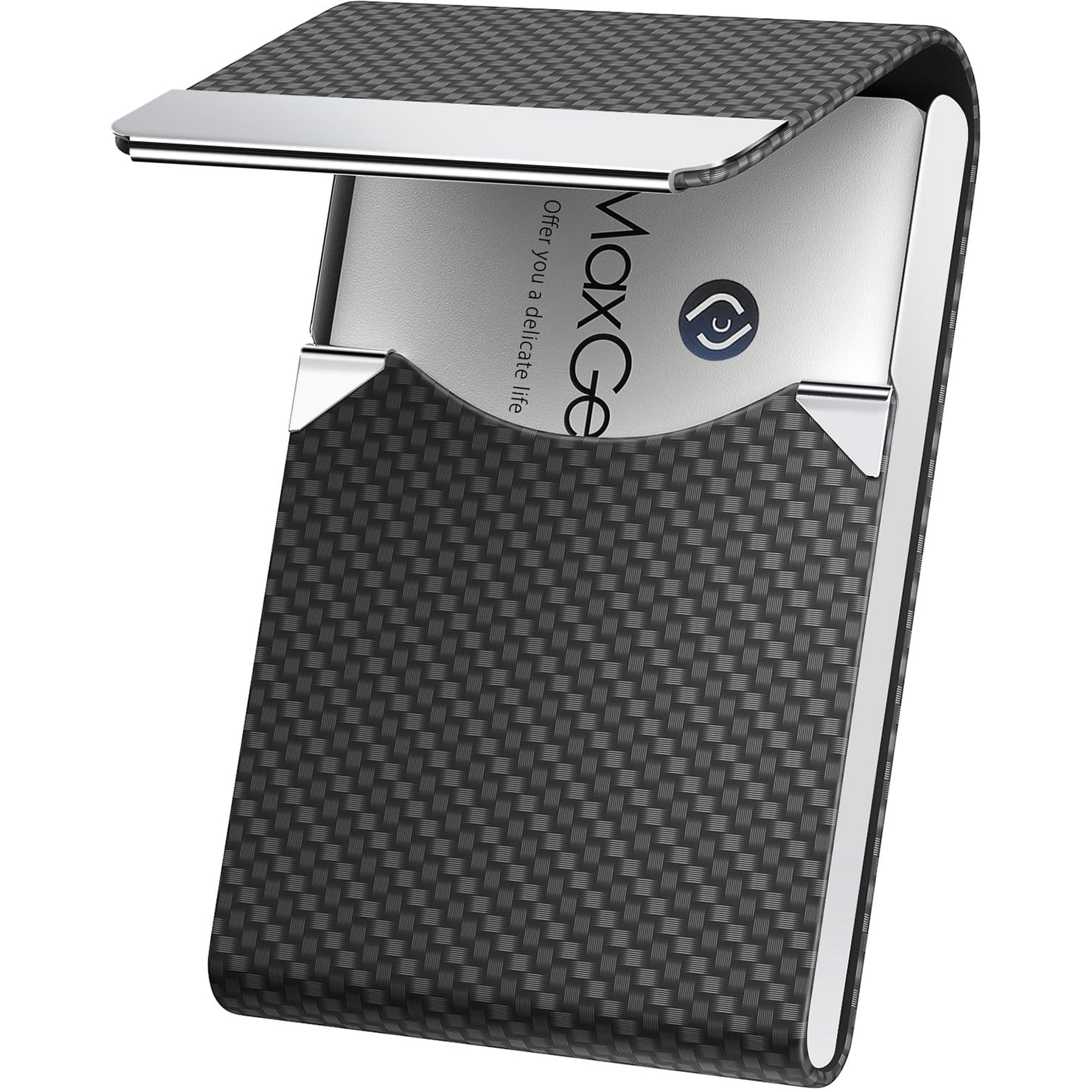 MaxGear Business Card Holder, PU Leather & Stainless Steel Business Card Case for Men or Women, Slim Name Cards Holder RFID Blocking Credit Cards Carrier with Magnetic Closure, Black Carbon