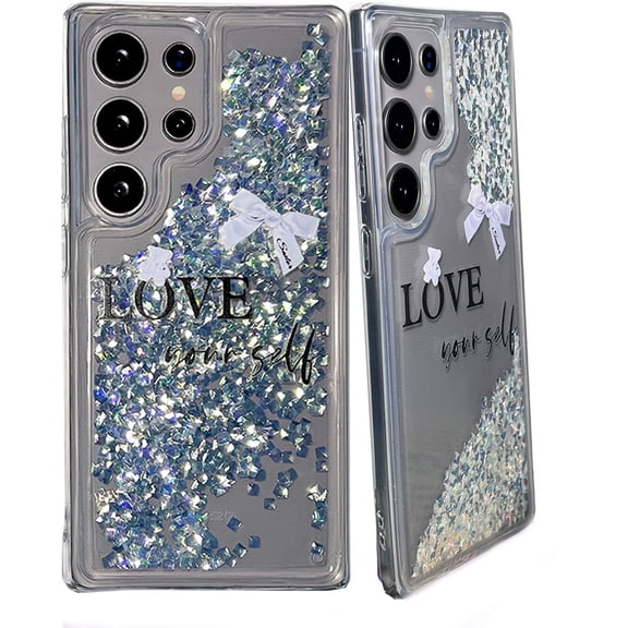 For Samsung S22 Ultra Case,Love Yourself Patterned Luxury Diamond Glitter Bling Floating Quicksand Phone Case Cover For Galaxy S22 Ultra 6.8"