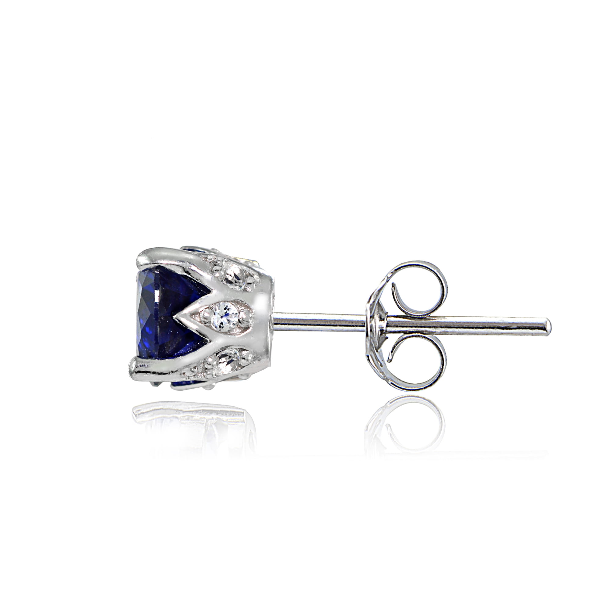 Created Blue Sapphire and White Topaz Sterling Silver Crown Stud Earrings