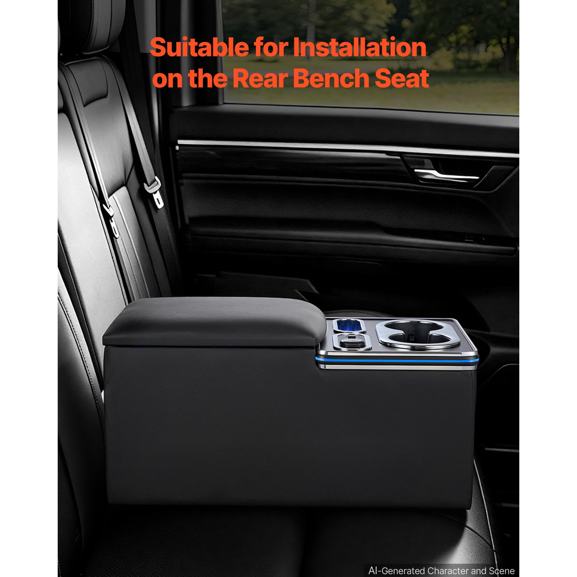 KFFKFF Universal Rear Bench Seat Center Console with Multi-Color Ambient Lighting, USB/Type-C/Cigarette Lighter Charging Ports, Back Seat Organizer with Cup and Phone Holders for MPV, Sedan, SUV
