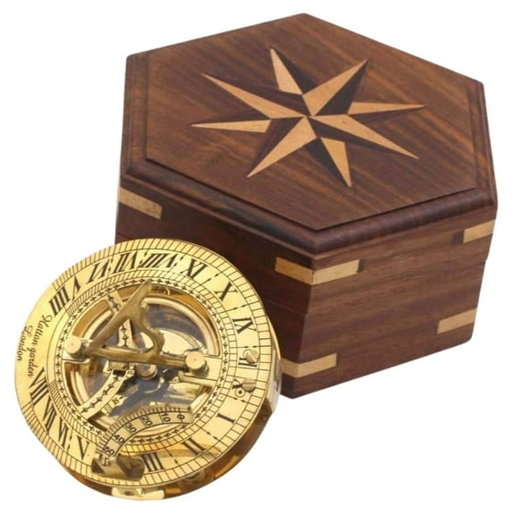 Rii Brand Brass Golden Color Vintage Directional Sundial Compass with Wooden Box 2.5"