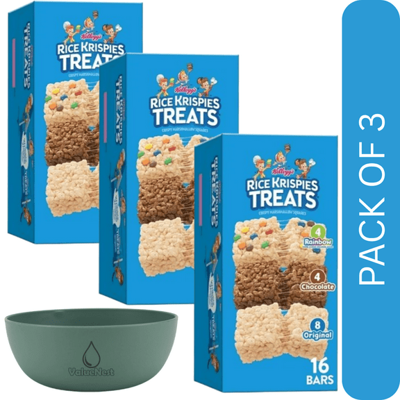 3 Pack Of Rice Krispies Treats Variety Pack, Chewy Crispy Marshmallow Squares, 16 Count, 12.1 oz Box, With Olive Green Bowl By ValueNest