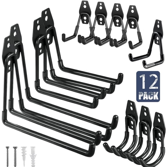 WYAJU 12 Pack Garage Storage Hooks Heavy Duty, Anti-Slip Coating Garage Wall Mount Storage Organizer Solid Steel Wall Mount Hook Set for Hanging Bike, Ladder, Garden Tools