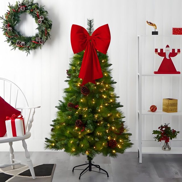 Adorno navideño grande con lazo de terciopelo rojo vino | Adorno de tela para árbol de Navidad de 43 x 31 pulgadas | Adorno para escaparate festivo para decoración navideña