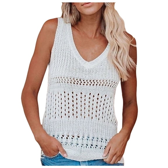 yillto Womens Crochet Tank Top Knit Sweater Hollow out Sleeveless Cover Up Summer Boho Tops V Neck Pullover